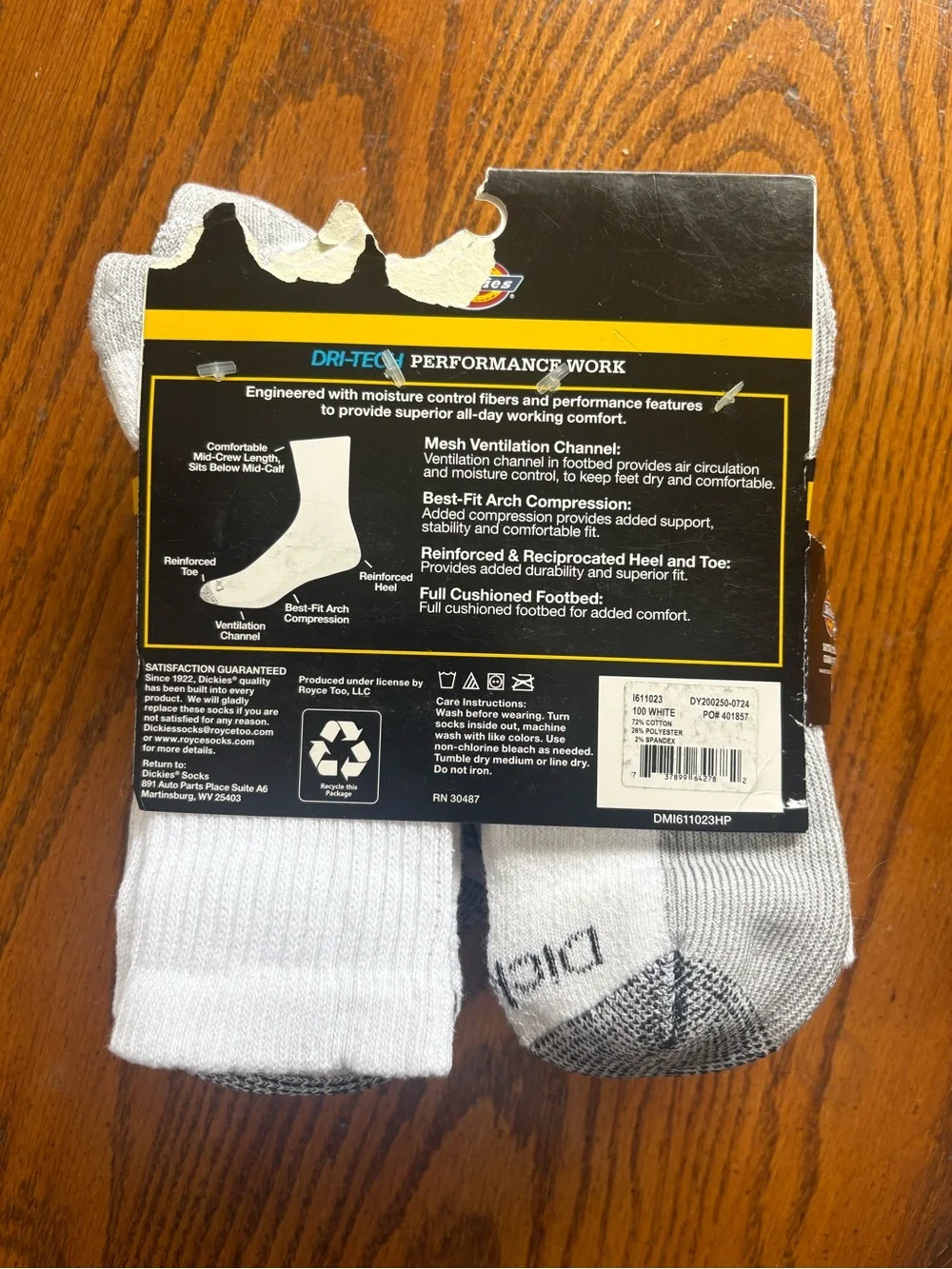 Dickies White & Gray Mid-Crew Dri-Tech Performance Work Socks - 6 Pairs